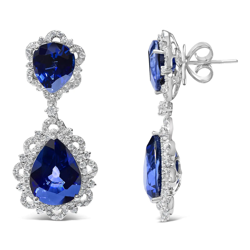 18K White Gold Blue Sapphire and Diamond 2.00 Cttw Diamond Halo Drop and Dangle Earring (G-H Color, SI1-SI2 Clarity) - The Snow Owls
