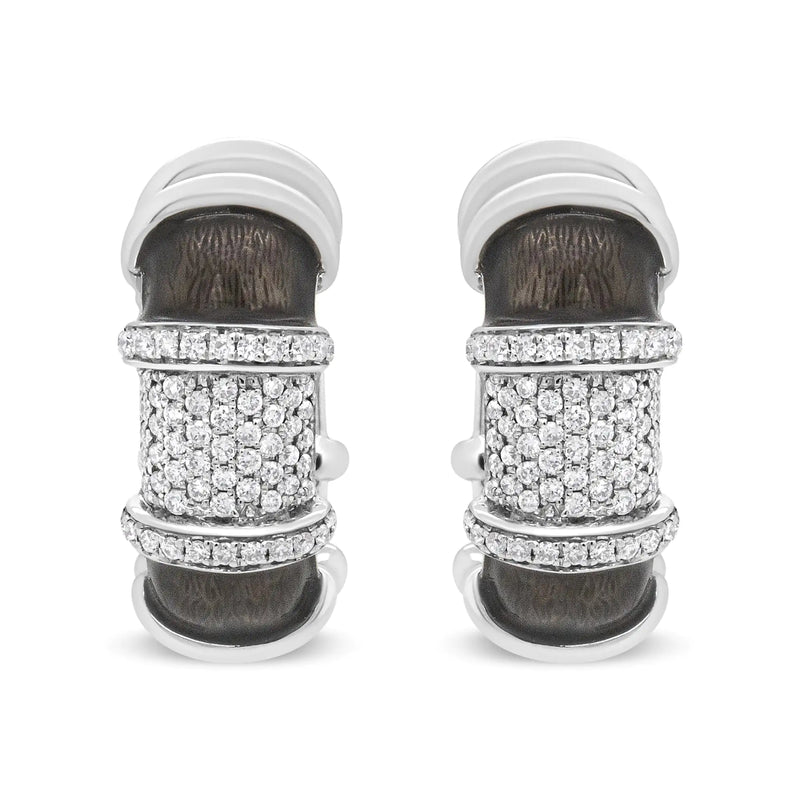 18K White Gold Flash Plated .925 Sterling Silver Clear Graphite Grey Enamel 5/8 Cttw Round Diamonds Huggie Hoop Earrings (F-G Color, VS1-VS2 Clarity) - The Snow Owls