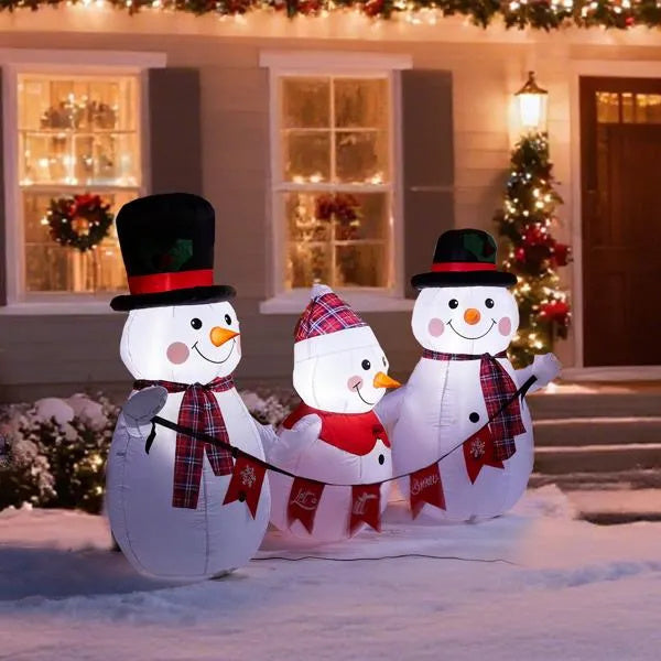 Inflatable Snowman Family With Bunting, Funny Blow Up Yard Decorations With Built-in LED Lights For Holiday Party Front Yard Lawn Garden Decor