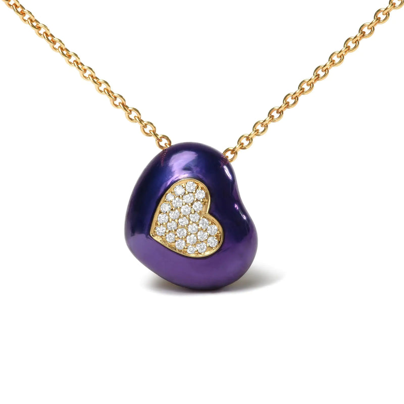 18K Yellow Gold Blue Enamel 1/10 Cttw Round Pave Diamonds Heart Shape 18" Pendant Necklace (G-H Color, SI1-SI2 Clarity) - Adjustable up to 16" - 18" - The Snow Owls