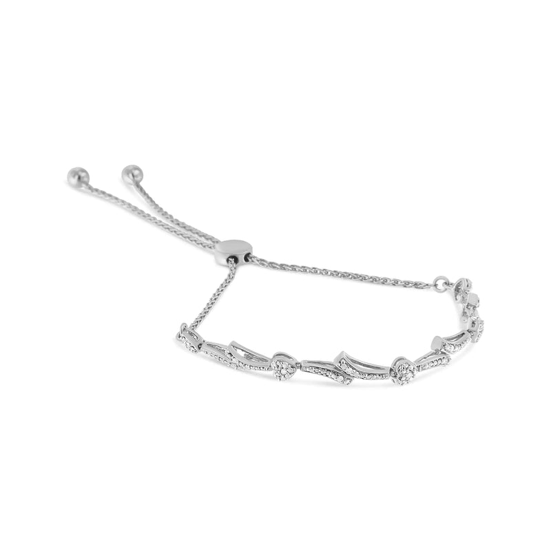 .925 Sterling Silver Diamond Accent Heart and Wave Link Bolo Bracelet (I-J Color, I2-I3 Clarity) - 6" to 9" Adjustable - The Snow Owls