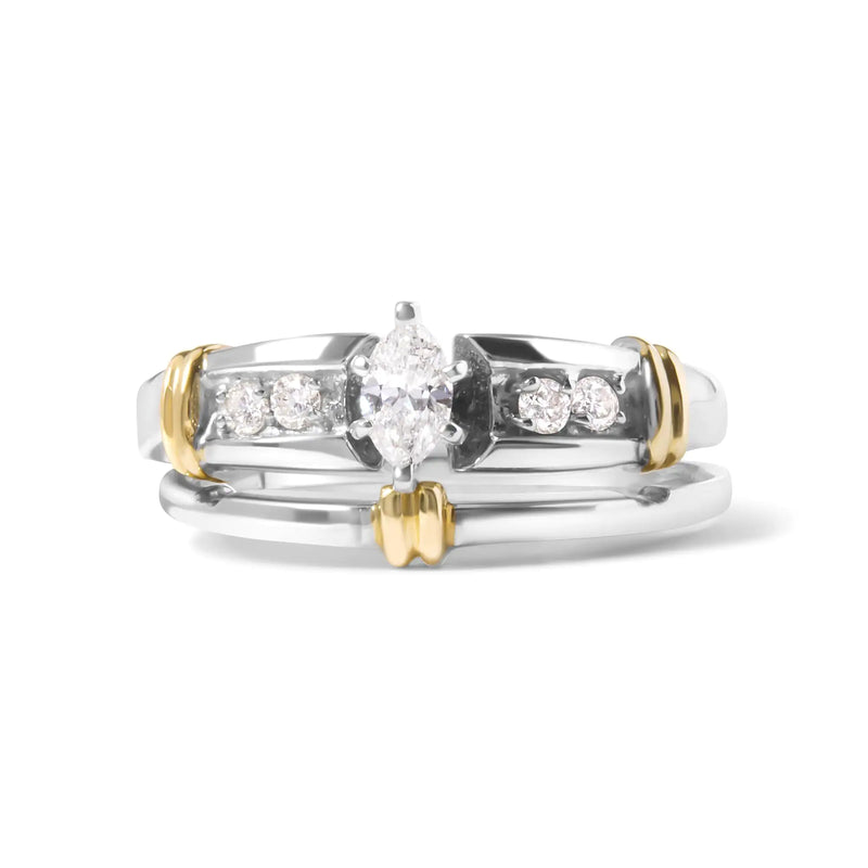 14K Yellow and White Gold 1/3 Cttw Marquise Diamond Cocktail Engagement Ring Set (H-I Color, SI1-SI2 Clarity) - The Snow Owls