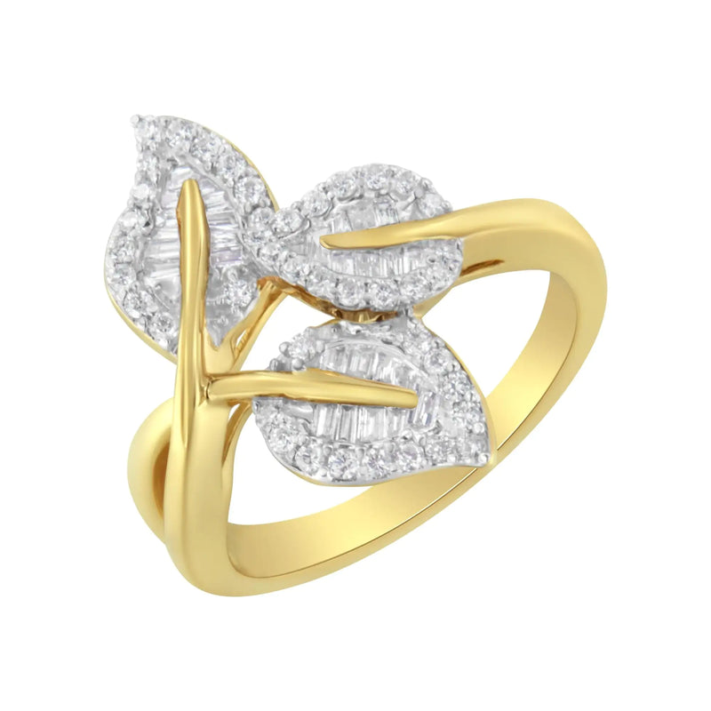 18K Yellow and White Gold Plated .925 Sterling Silver 3/8 Cttw Baguette and Round Diamond Bypass Triple Leaf Ring (I-J Color, I1-I2 Clarity) - The Snow Owls