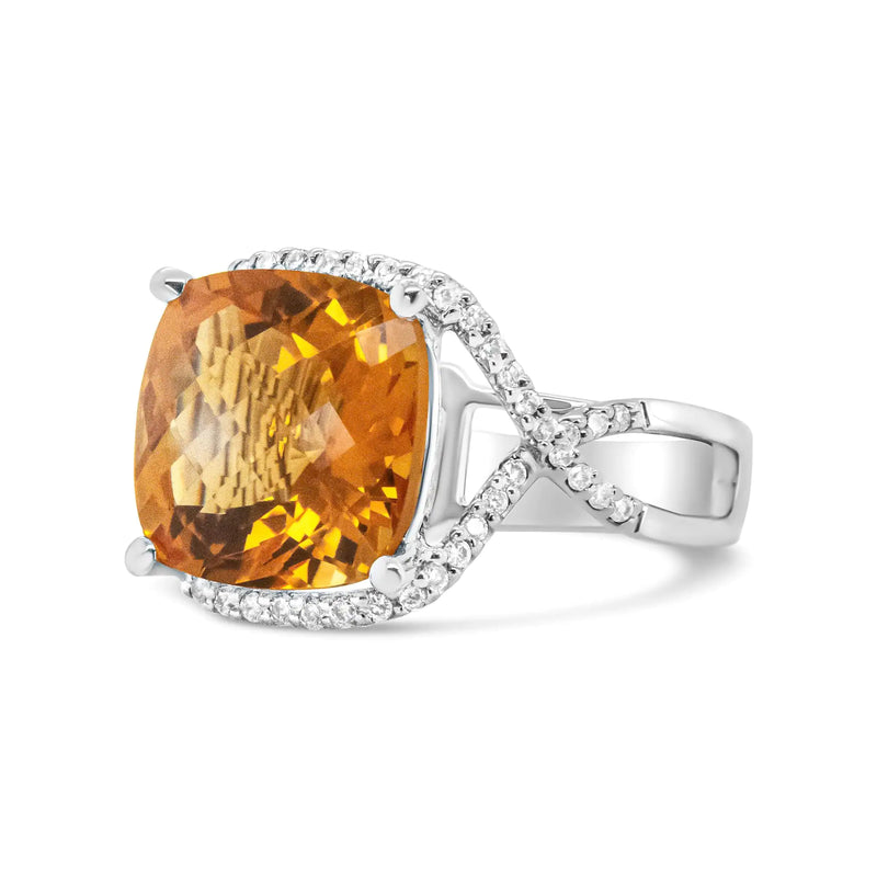 14K White Gold 12mm Cushion Cut Yellow Citrine Gemstone and 1/3 Cttw Round Pave-Set Diamond Ring - (H-I Color, VS1-VS2 Clarity) - The Snow Owls