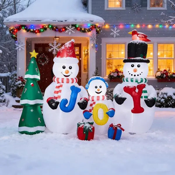 Inflatable Snowman Family With JOY And Xmas Tree, Funny Blow Up Yard Decorations With Built-in LED Lights For Holiday Party Front Yard Lawn Garden Decor