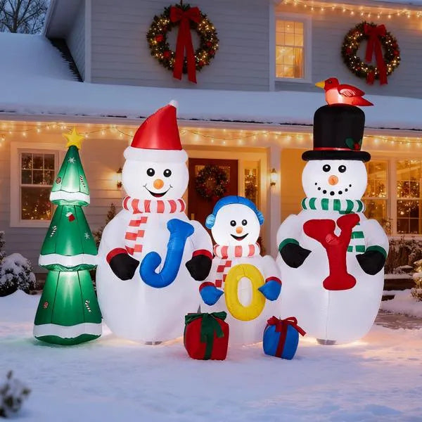 Inflatable Snowman Family With JOY And Xmas Tree, Funny Blow Up Yard Decorations With Built-in LED Lights For Holiday Party Front Yard Lawn Garden Decor