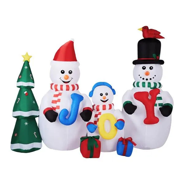 Inflatable Snowman Family With JOY And Xmas Tree, Funny Blow Up Yard Decorations With Built-in LED Lights For Holiday Party Front Yard Lawn Garden Decor