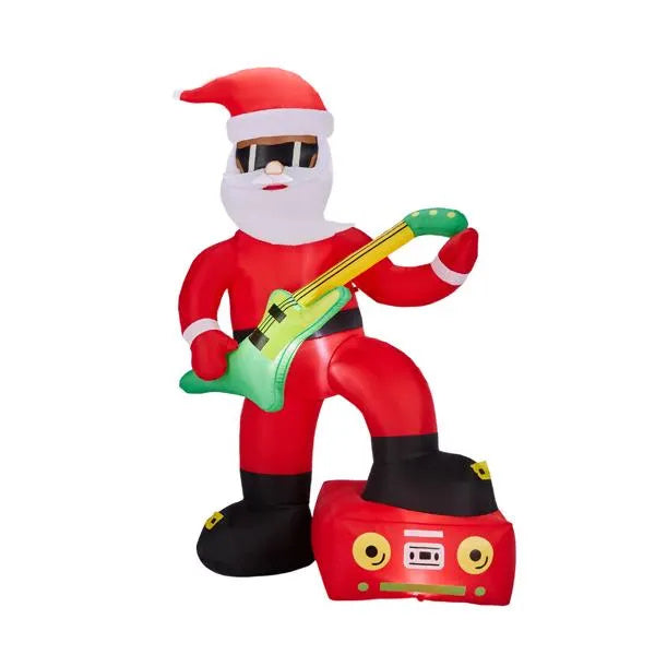 Inflatable Black Santa Playing Electric Guitar, Funny Blow Up Yard Decorations With Built-in LED Lights For Holiday Party Front Yard Lawn Garde
