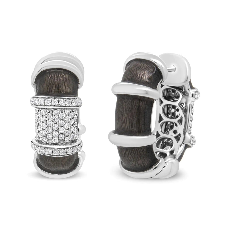 18K White Gold Flash Plated .925 Sterling Silver Clear Graphite Grey Enamel 5/8 Cttw Round Diamonds Huggie Hoop Earrings (F-G Color, VS1-VS2 Clarity) - The Snow Owls