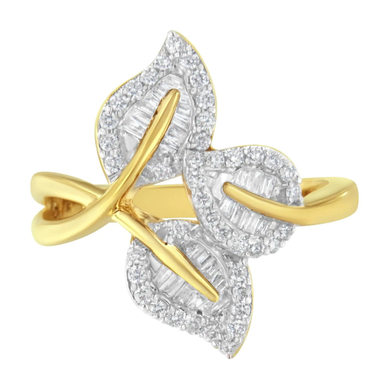 18K Yellow and White Gold Plated .925 Sterling Silver 3/8 Cttw Baguette and Round Diamond Bypass Triple Leaf Ring (I-J Color, I1-I2 Clarity) - The Snow Owls