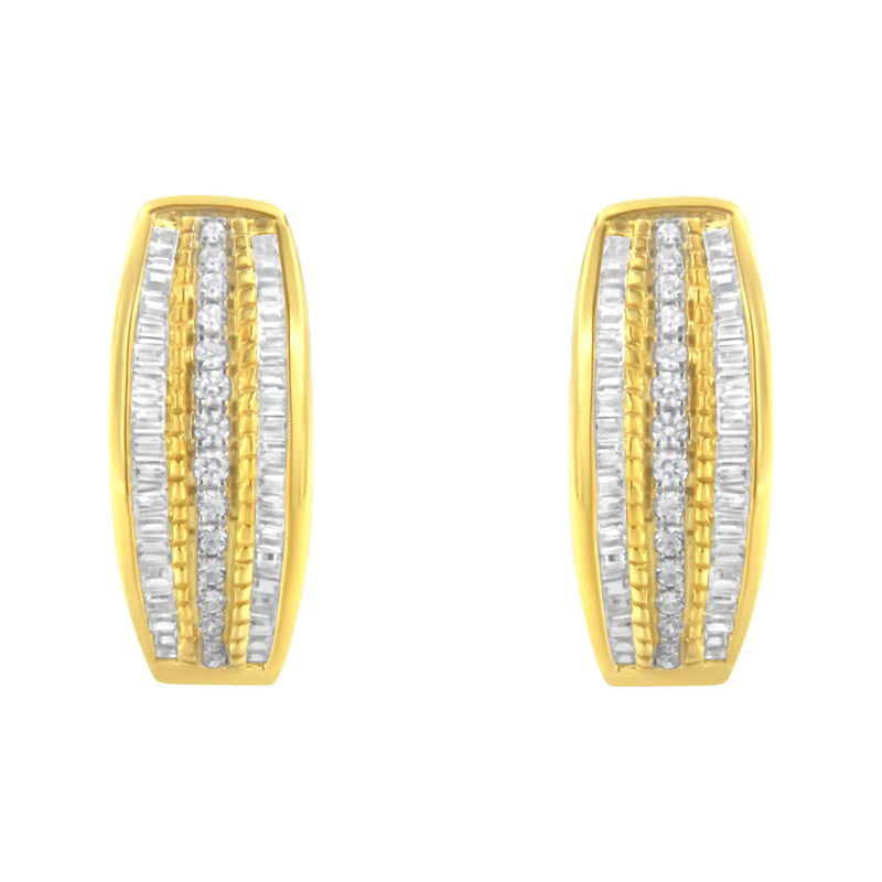 10K Yellow Gold 3/4 Cttw Pave and Channel Set Diamond Triple Row Modern Hoop Earrings (I-J Color, I2-I3 Clarity) - The Snow Owls