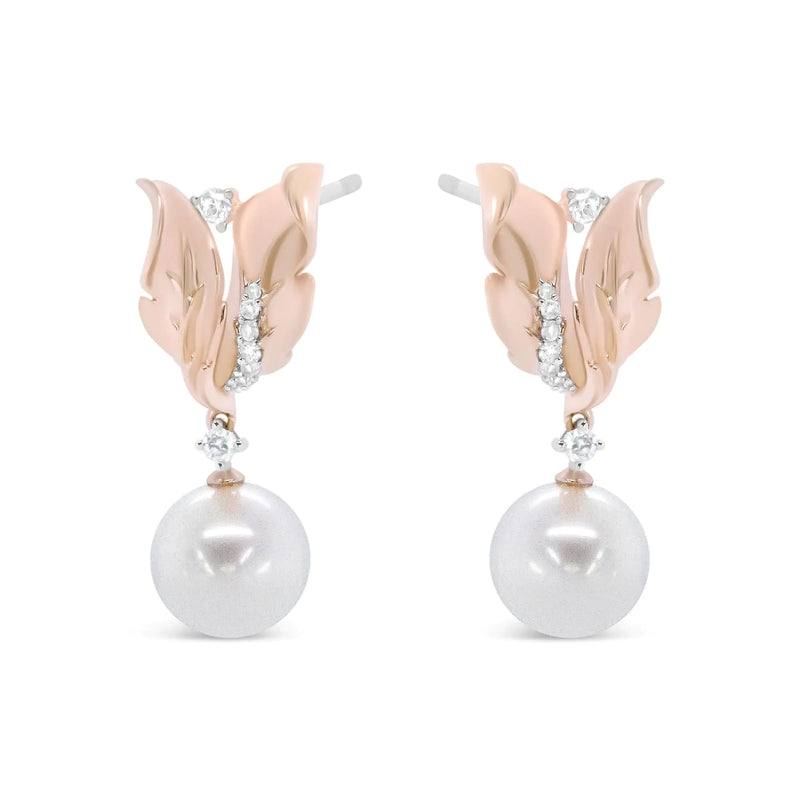 14K Rose Gold 1/6 Cttw Round Diamond and 8mm Round Pearl Floral Drop Stud Earrings (H-I Color, I1-I2 Clarity) - The Snow Owls