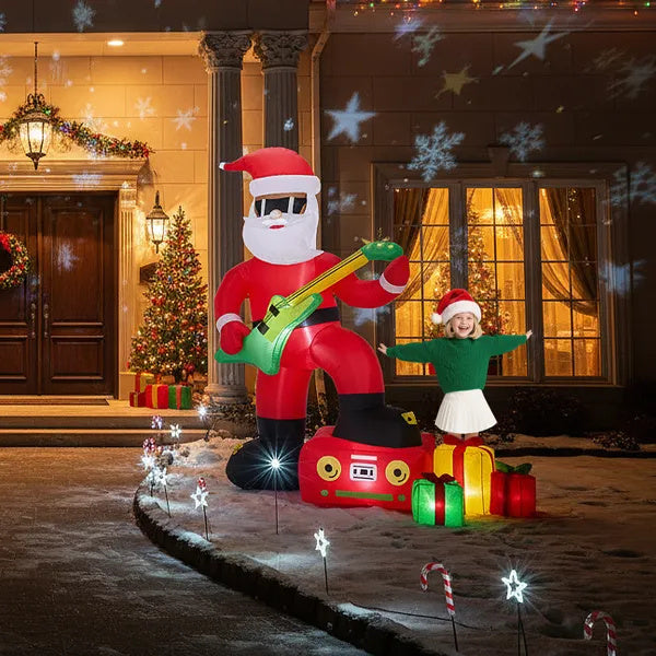 Inflatable Black Santa Playing Electric Guitar, Funny Blow Up Yard Decorations With Built-in LED Lights For Holiday Party Front Yard Lawn Garde