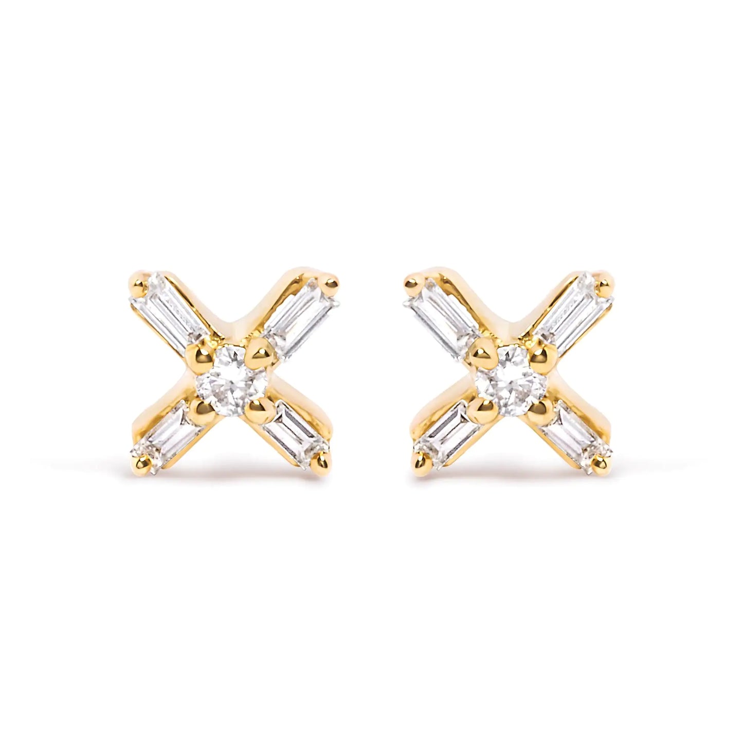 10K Yellow Gold 1/10 Cttw Round and Baguette Diamond Criss Cross X Stud Earring (H-I Color, I1-I2 Clarity) - The Snow Owls
