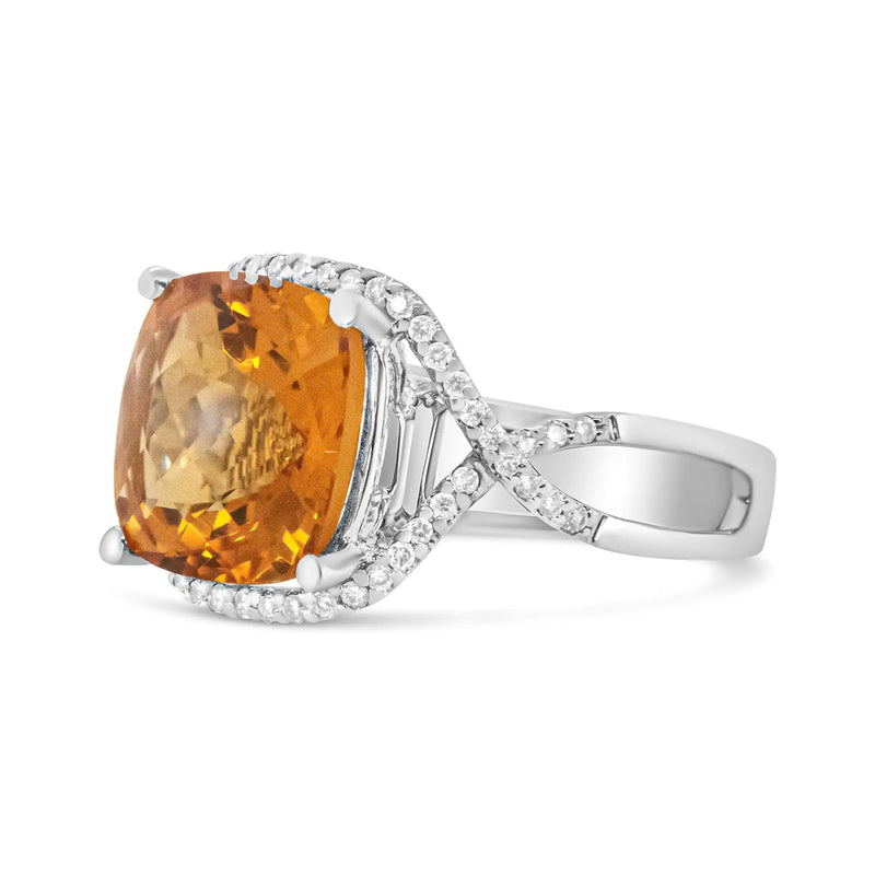 14K White Gold 12mm Cushion Cut Yellow Citrine Gemstone and 1/3 Cttw Round Pave-Set Diamond Ring - (H-I Color, VS1-VS2 Clarity) - The Snow Owls