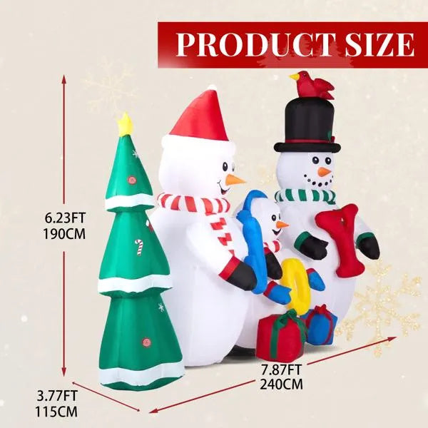 Inflatable Snowman Family With JOY And Xmas Tree, Funny Blow Up Yard Decorations With Built-in LED Lights For Holiday Party Front Yard Lawn Garden Decor