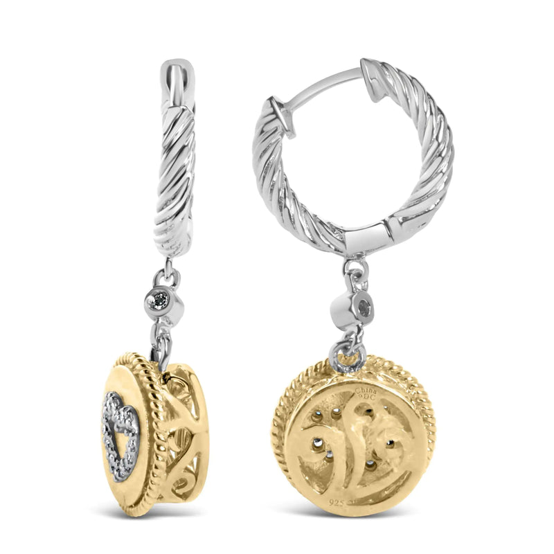 18K Yellow Gold Plated .925 Sterling Silver 1/8 Cttw Diamond Heart Medallion Drop and Dangle Earring (I-J Color, SI1-SI2 Clarity) - The Snow Owls