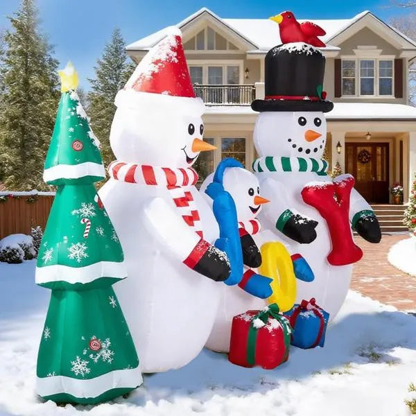 Inflatable Snowman Family With JOY And Xmas Tree, Funny Blow Up Yard Decorations With Built-in LED Lights For Holiday Party Front Yard Lawn Garden Decor
