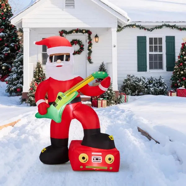 Inflatable Black Santa Playing Electric Guitar, Funny Blow Up Yard Decorations With Built-in LED Lights For Holiday Party Front Yard Lawn Garde