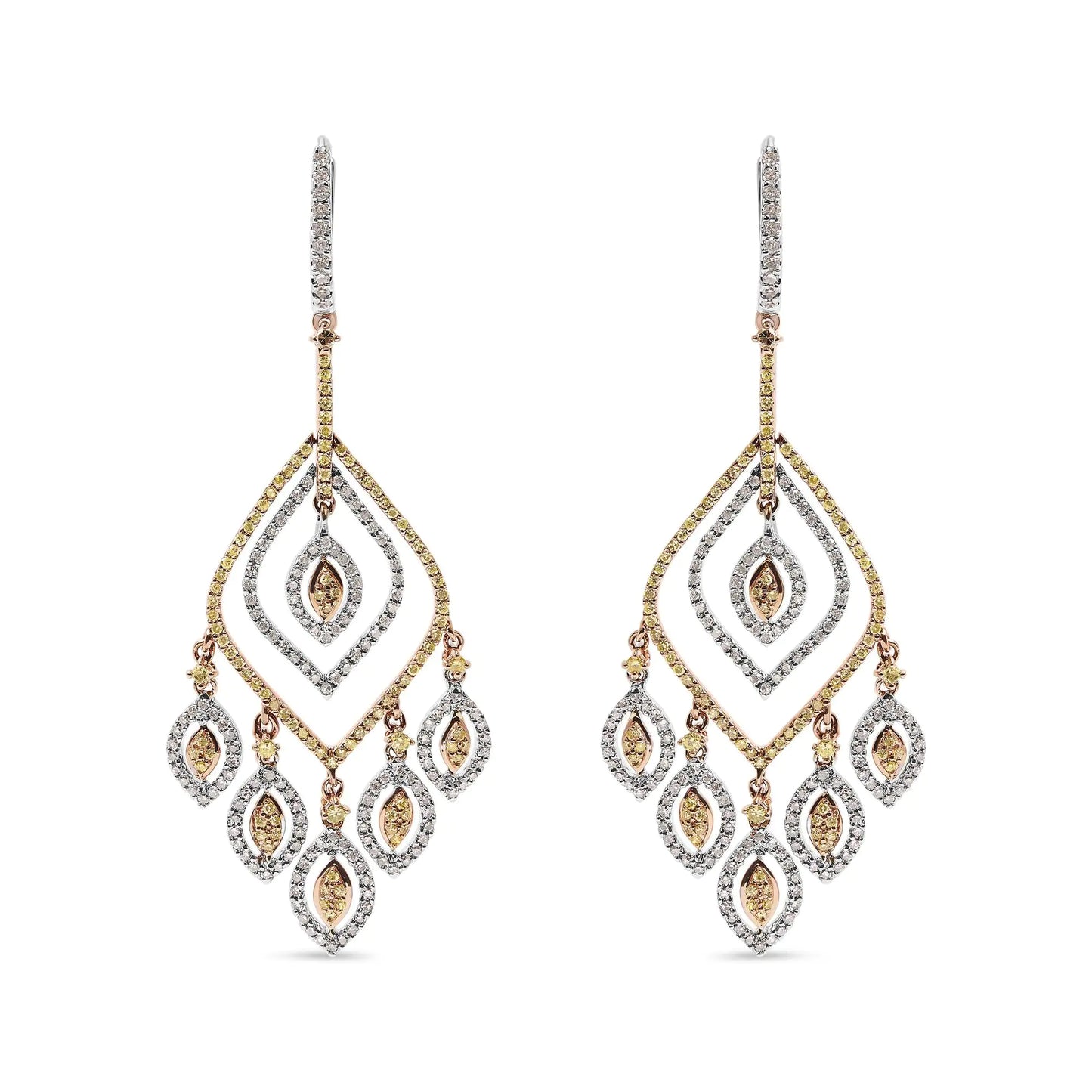 14K White and Rose Gold 2 1/2 Cttw Diamond Curved Rhombus Shape Drop and Chandelier Style Dangle Earring (J-K Color, I2-I3 Clarity) - The Snow Owls