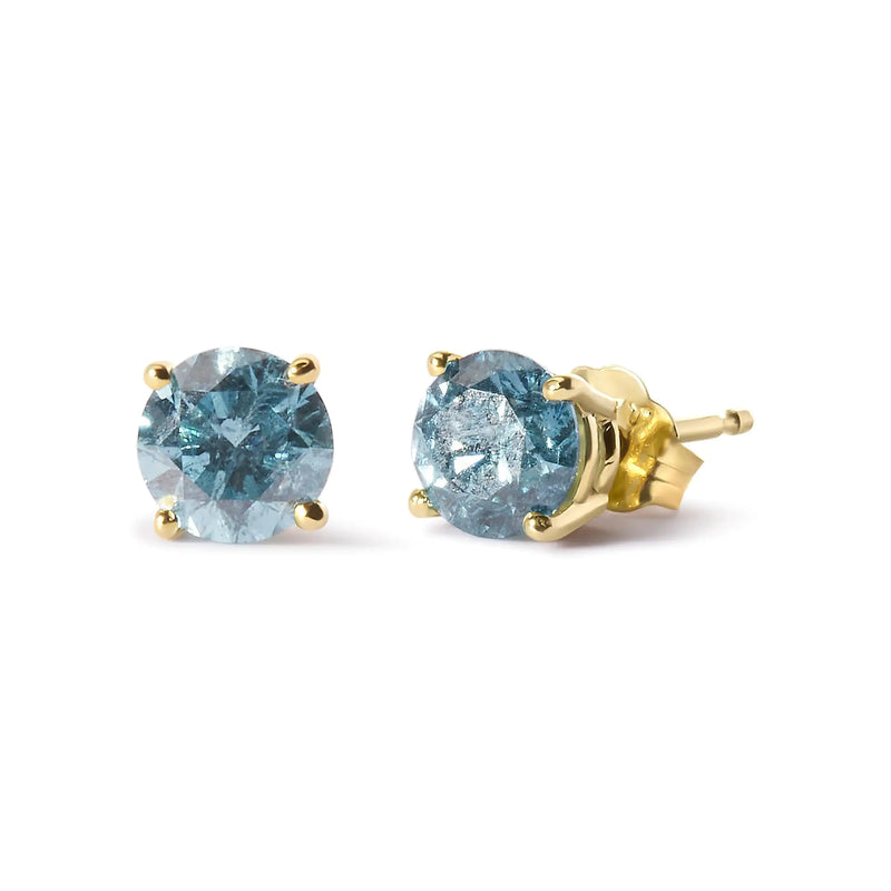 14K Yellow Gold 1.0 Cttw Treated Aqua Blue Diamond Classic Solitaire Stud Earrings (Aqua Blue Color, I2-I3 Clarity) - The Snow Owls