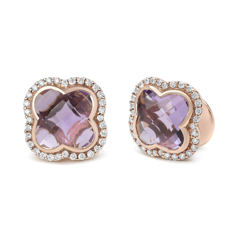 18K Rose Gold 3/8 Cttw Diamond and 11x11mm Clover-Cut Purple Amethyst Gemstone Clover Halo Stud Earrings (G-H Color, SI1-SI2 Clarity) - The Snow Owls