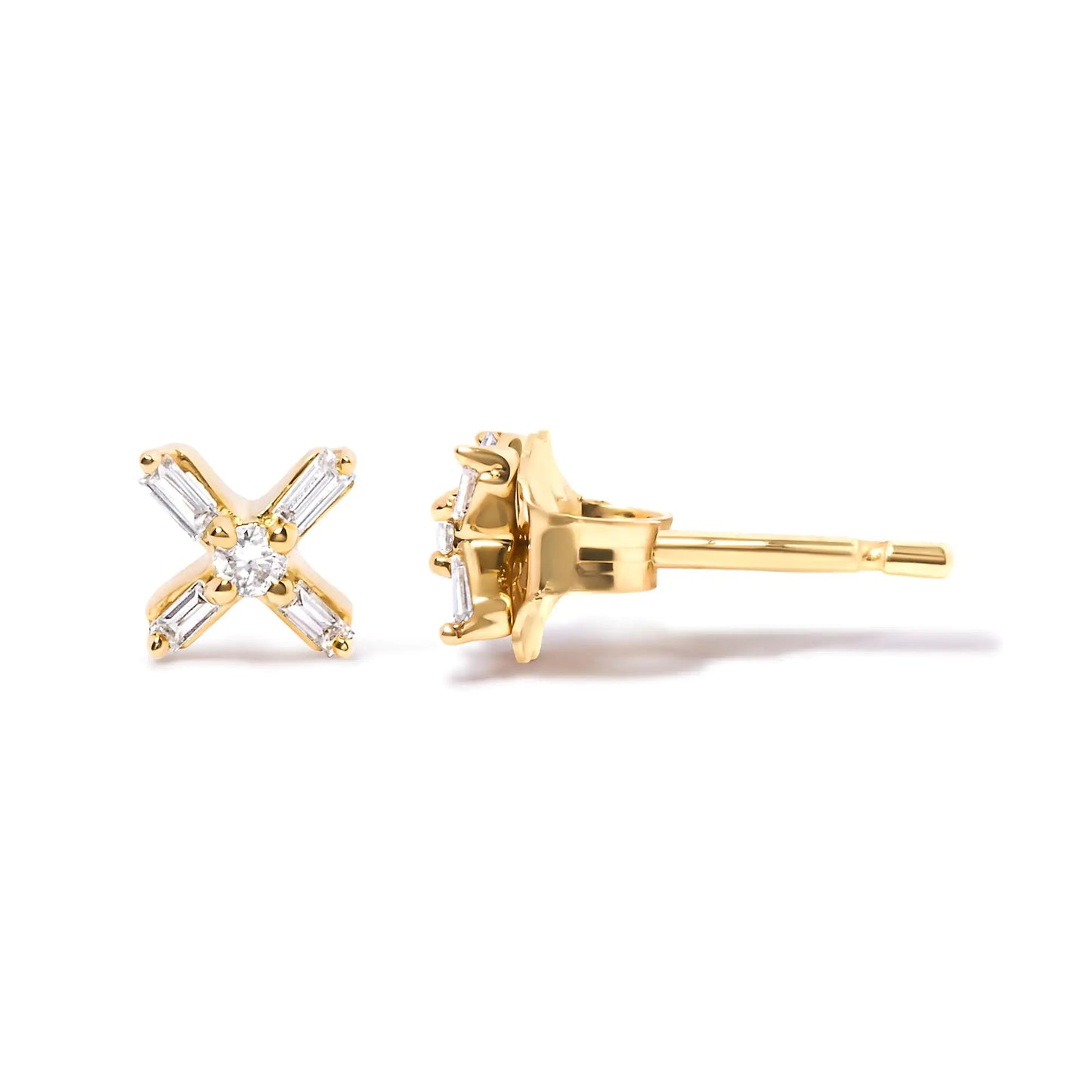 10K Yellow Gold 1/10 Cttw Round and Baguette Diamond Criss Cross X Stud Earring (H-I Color, I1-I2 Clarity) - The Snow Owls