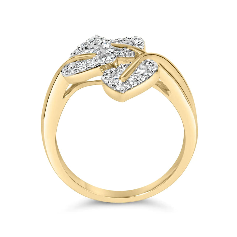 18K Yellow and White Gold Plated .925 Sterling Silver 3/8 Cttw Baguette and Round Diamond Bypass Triple Leaf Ring (I-J Color, I1-I2 Clarity) - The Snow Owls