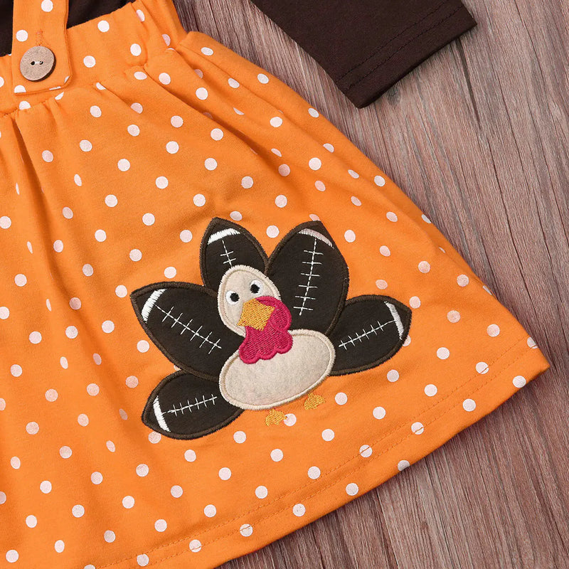 Thanksgiving Toddler Dress Set with Embroidered Turkey