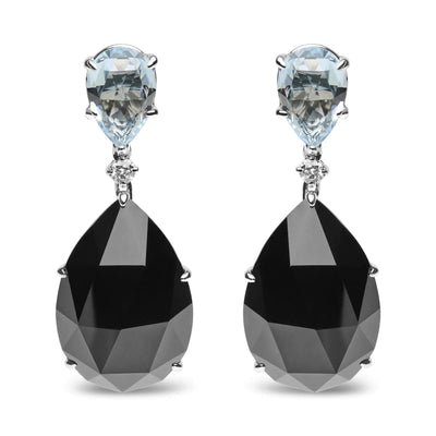 18K White Gold 1/5 Cttw Diamond with Pear Cut Sky Blue Topaz and Pear-Cut Black Onyx Gemstone Dangle Earring (G-H Color, SI1-SI2 Clarity) - The Snow Owls