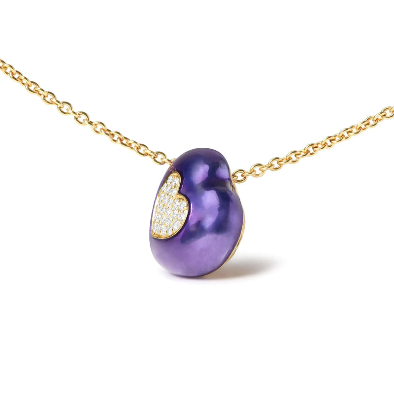 18K Yellow Gold Blue Enamel 1/10 Cttw Round Pave Diamonds Heart Shape 18" Pendant Necklace (G-H Color, SI1-SI2 Clarity) - Adjustable up to 16" - 18" - The Snow Owls