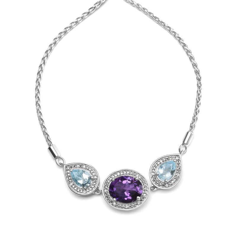 .925 Sterling Silver Oval Amethyst and Pear Blue Topaz with Diamond Accent Lariat 4”-10” Adjustable Bolo Bracelet (H-I Color, SI1-SI2 Clarity) - The Snow Owls