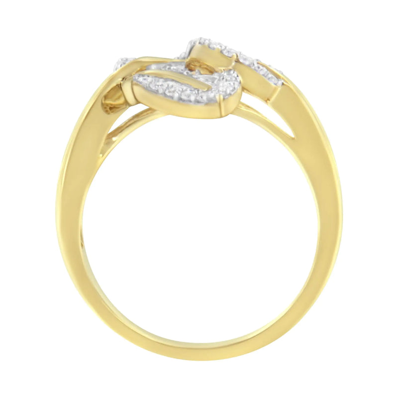 18K Yellow and White Gold Plated .925 Sterling Silver 3/8 Cttw Baguette and Round Diamond Bypass Triple Leaf Ring (I-J Color, I1-I2 Clarity) - The Snow Owls