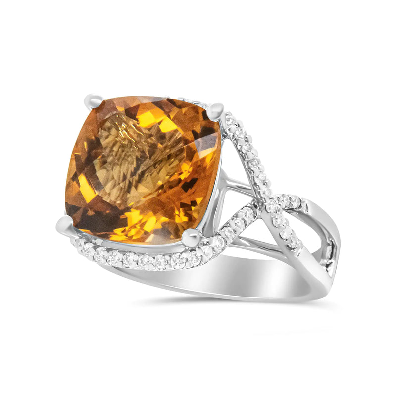 14K White Gold 12mm Cushion Cut Yellow Citrine Gemstone and 1/3 Cttw Round Pave-Set Diamond Ring - (H-I Color, VS1-VS2 Clarity) - The Snow Owls