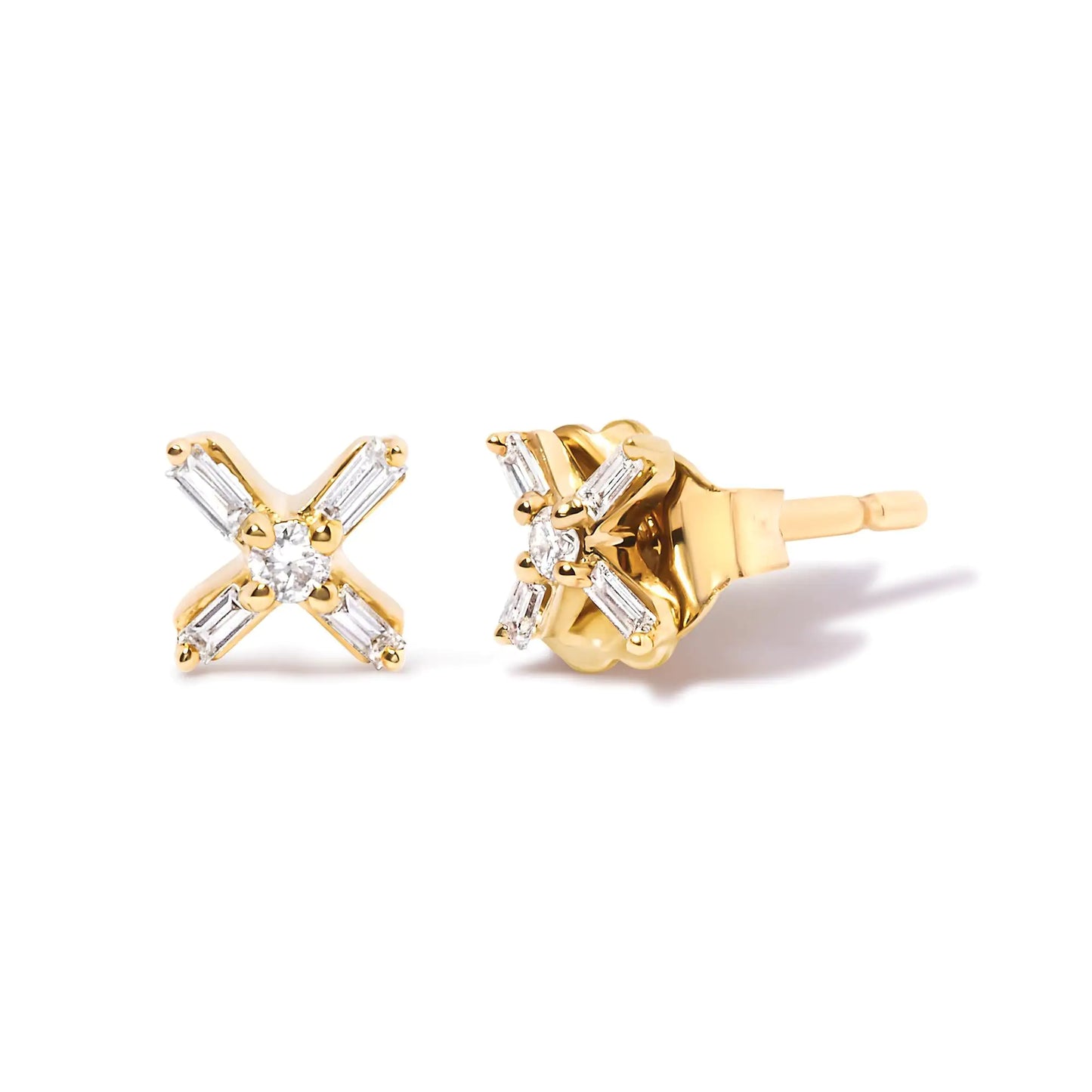 10K Yellow Gold 1/10 Cttw Round and Baguette Diamond Criss Cross X Stud Earring (H-I Color, I1-I2 Clarity) - The Snow Owls