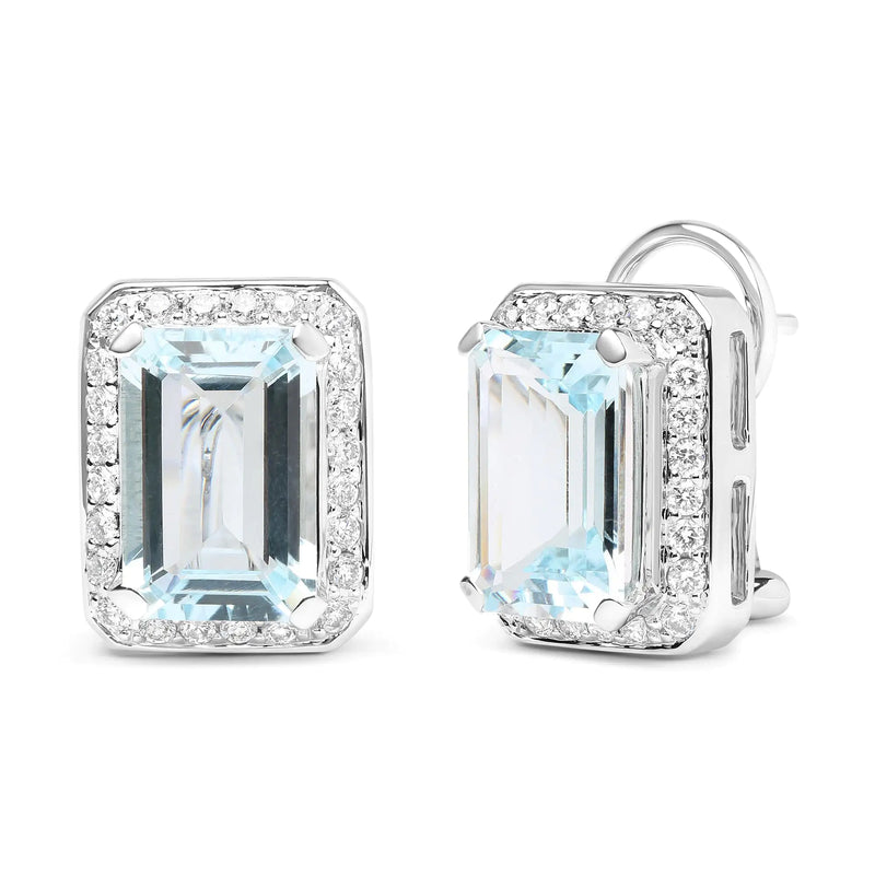 18K White Gold 3/4 Cttw Round Diamond and 13x9mm Emerald Cut Blue Aquamarine Gemstone Halo Omega Stud Earrings (G-H Color, SI1-SI2 Clarity) - The Snow Owls