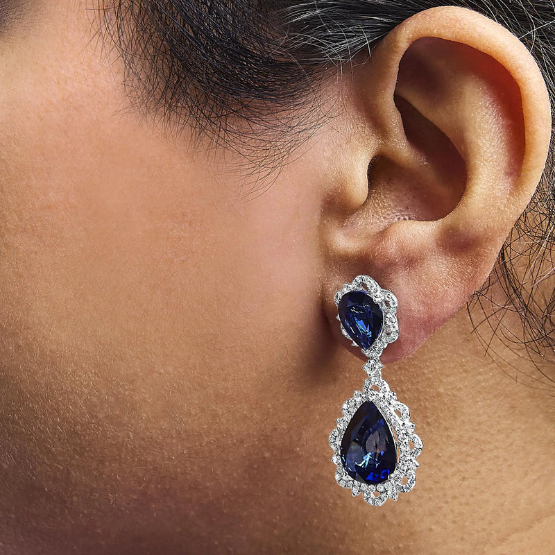 18K White Gold Blue Sapphire and Diamond 2.00 Cttw Diamond Halo Drop and Dangle Earring (G-H Color, SI1-SI2 Clarity) - The Snow Owls