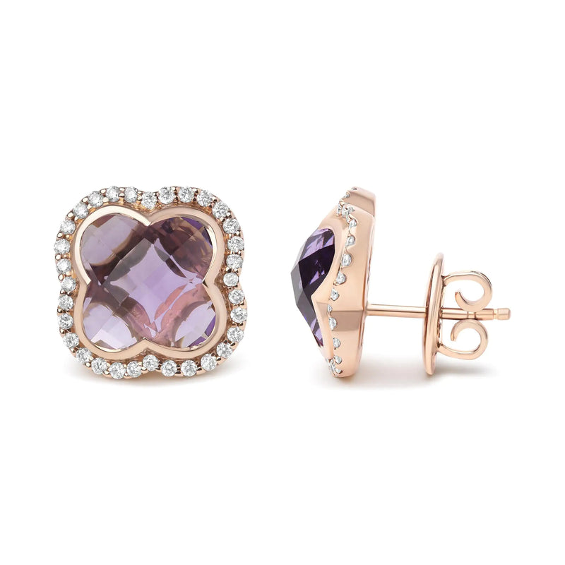 18K Rose Gold 3/8 Cttw Diamond and 11x11mm Clover-Cut Purple Amethyst Gemstone Clover Halo Stud Earrings (G-H Color, SI1-SI2 Clarity) - The Snow Owls