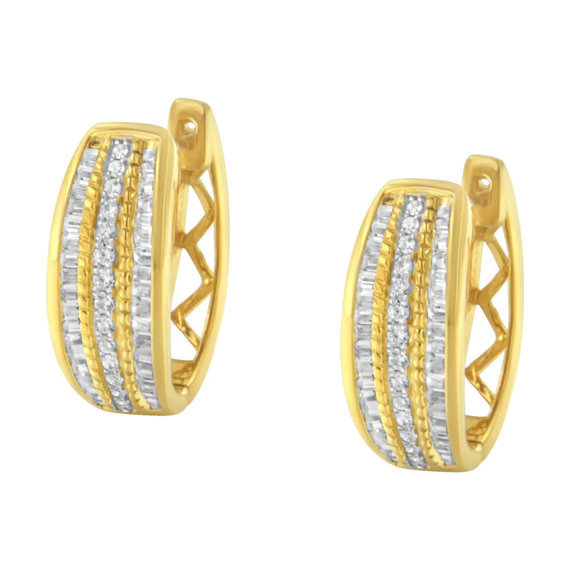 10K Yellow Gold 3/4 Cttw Pave and Channel Set Diamond Triple Row Modern Hoop Earrings (I-J Color, I2-I3 Clarity) - The Snow Owls
