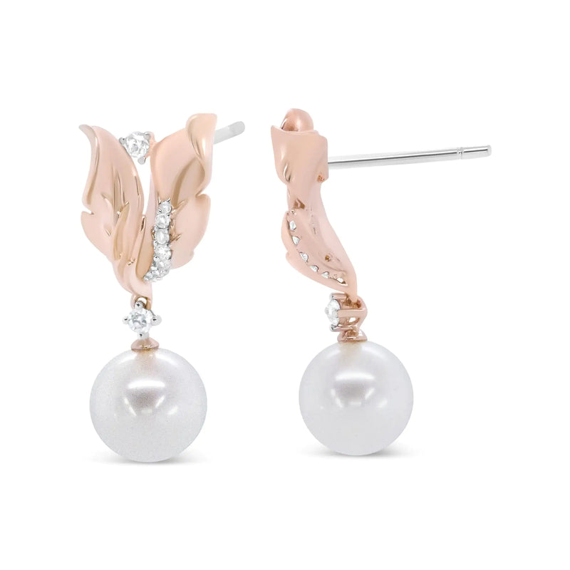 14K Rose Gold 1/6 Cttw Round Diamond and 8mm Round Pearl Floral Drop Stud Earrings (H-I Color, I1-I2 Clarity) - The Snow Owls