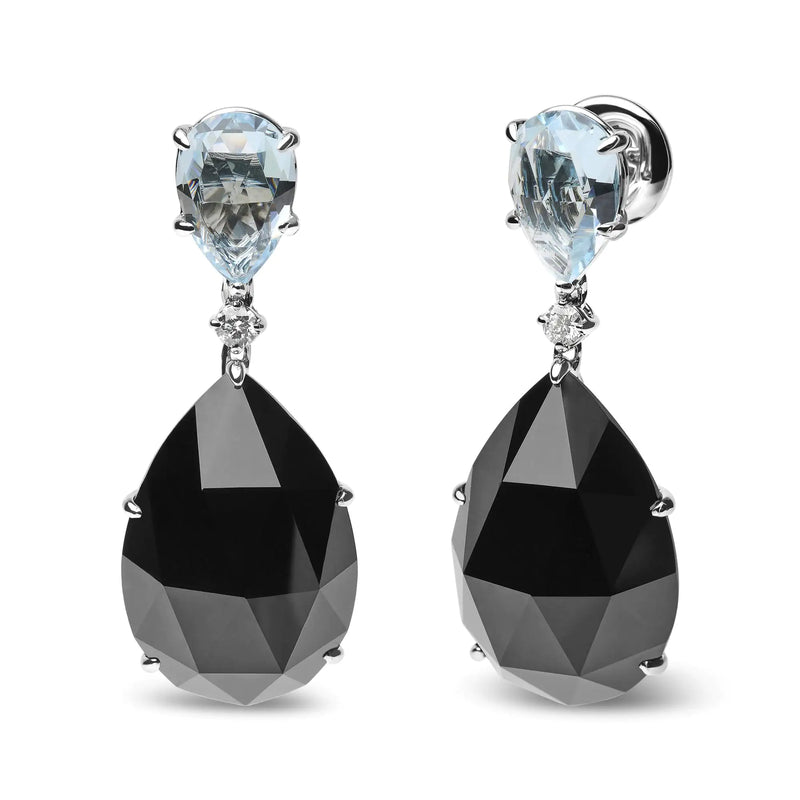 18K White Gold 1/5 Cttw Diamond with Pear Cut Sky Blue Topaz and Pear-Cut Black Onyx Gemstone Dangle Earring (G-H Color, SI1-SI2 Clarity) - The Snow Owls
