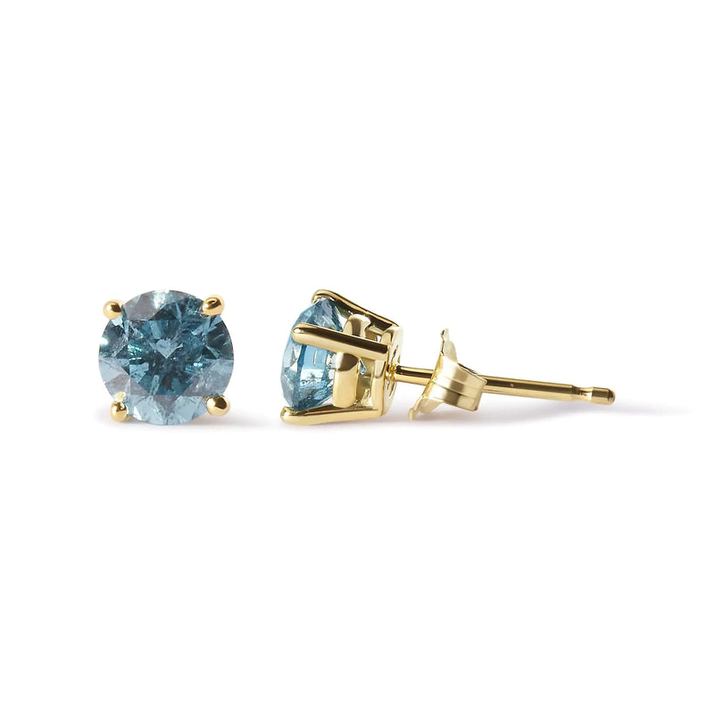 14K Yellow Gold 1.0 Cttw Treated Aqua Blue Diamond Classic Solitaire Stud Earrings (Aqua Blue Color, I2-I3 Clarity) - The Snow Owls
