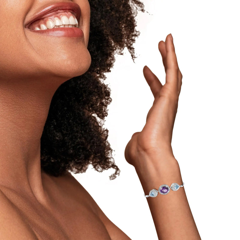 .925 Sterling Silver Oval Amethyst and Pear Blue Topaz with Diamond Accent Lariat 4”-10” Adjustable Bolo Bracelet (H-I Color, SI1-SI2 Clarity) - The Snow Owls