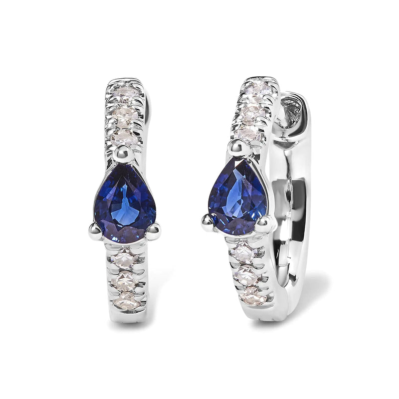10K White Gold Pear Shaped Blue Sapphire and 1/10 Cttw Diamond Huggy Hoop Earrings (H-I Color, I1-I2 Clarity) - The Snow Owls