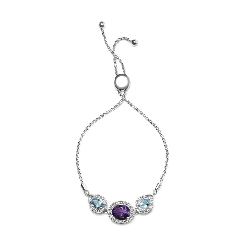 .925 Sterling Silver Oval Amethyst and Pear Blue Topaz with Diamond Accent Lariat 4”-10” Adjustable Bolo Bracelet (H-I Color, SI1-SI2 Clarity) - The Snow Owls