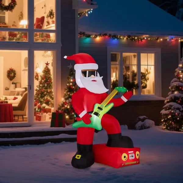 Inflatable Black Santa Playing Electric Guitar, Funny Blow Up Yard Decorations With Built-in LED Lights For Holiday Party Front Yard Lawn Garde