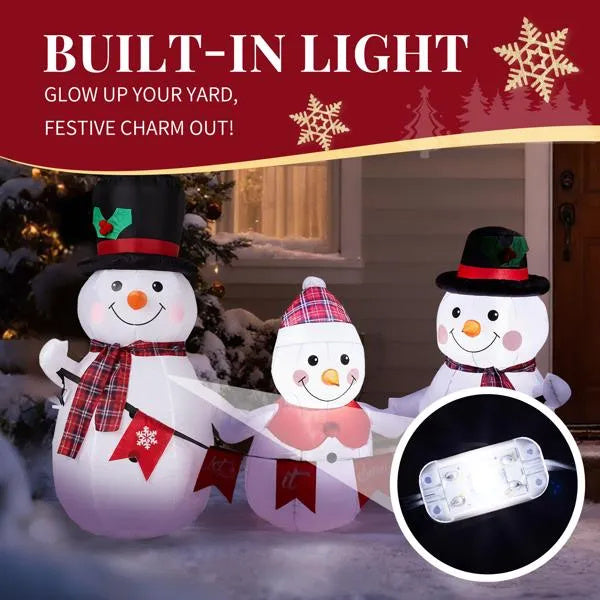 Inflatable Snowman Family With Bunting, Funny Blow Up Yard Decorations With Built-in LED Lights For Holiday Party Front Yard Lawn Garden Decor