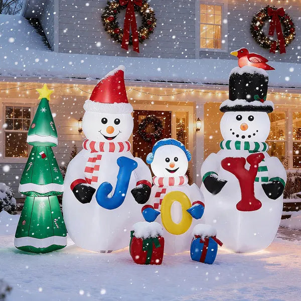 Inflatable Snowman Family With JOY And Xmas Tree, Funny Blow Up Yard Decorations With Built-in LED Lights For Holiday Party Front Yard Lawn Garden Decor