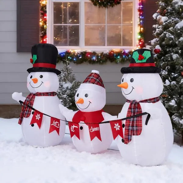 Inflatable Snowman Family With Bunting, Funny Blow Up Yard Decorations With Built-in LED Lights For Holiday Party Front Yard Lawn Garden Decor