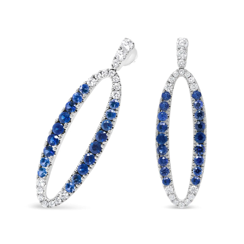 18K White Gold 1.11 Cttw Blue Round Diamond and Blue Sapphire Openwork Oval Shaped Dangle Earrings (F-G Color, VS1-VS2 Clarity) - The Snow Owls